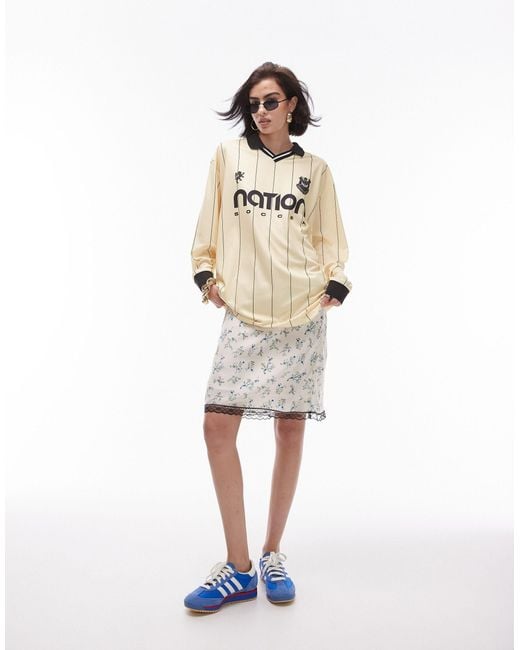 TOPSHOP White Graphic Nation Soccer Long Sleeve Polo