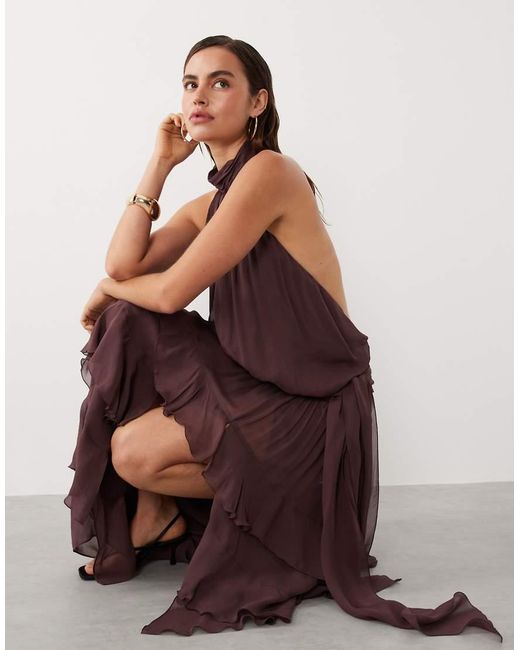 Mango High Neck Backless Ruffle Maxi Dress in Brown