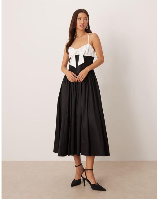For Love & Lemons Natural Contrast Bow Bodice Skater Midi Dress