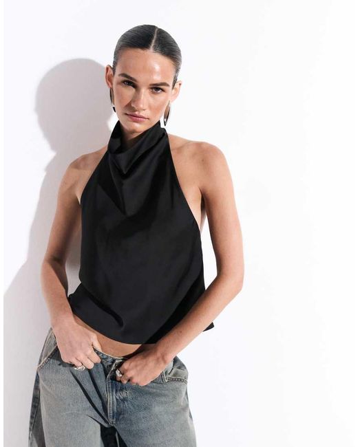Kaiia Black Exclusive Satin High Neck Cowl Low Back Top
