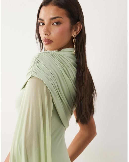 ASOS Mesh Overlay Cape Maxi Dress With Godets in Green | Lyst