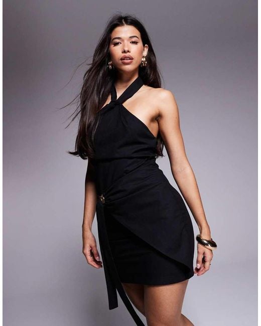 Kaiia Black Exclusive Linen Look Shell Drape Detail Knotted Halterneck Mini Dress