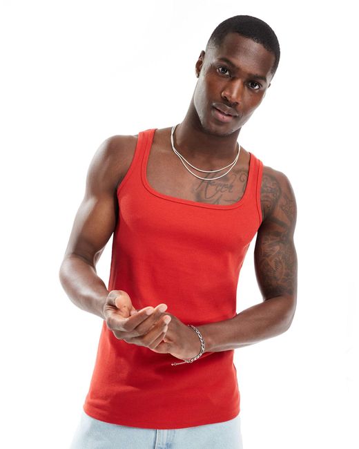 ASOS Red Muscle Rib Vest With Square Neck for men