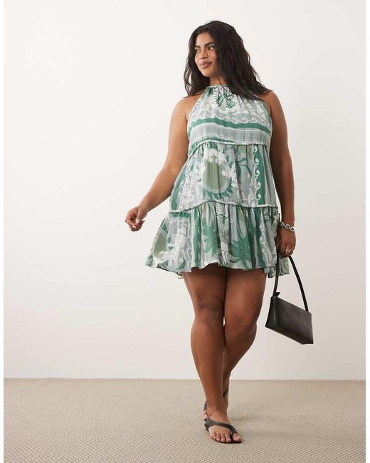 ASOS Green Asos Design Curve Halter Neck Tiered Mini Sundress With Chunky Binding