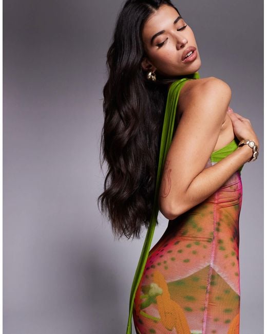 Kaiia Green – exklusives, doppellagiges mini-kleid aus geschmeidigem netzstoff mit one-shoulder-schnitt, schal-detail und blumenmuster