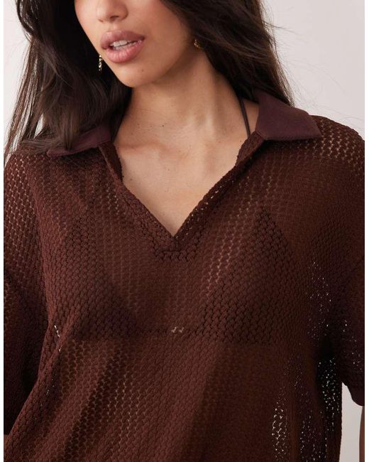 Kaiia Brown Exclusive Crochet Collar Detail Oversized Polo Top Co-ord