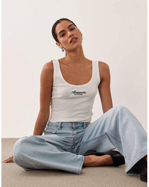 Abercrombie & Fitch Blue Embroidered Logo Scoop Neck Tank Top