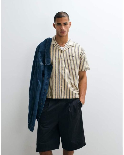 Prohibited Blue Short Sleeve Revere Collar Stripe Linen Mix Shirt for men