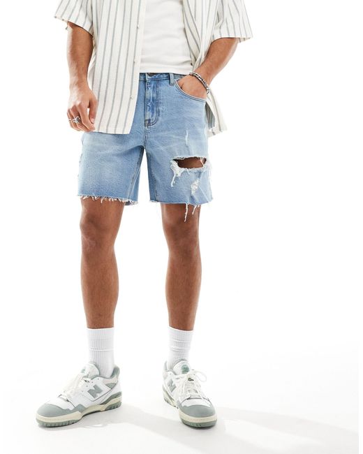 ASOS White Mid Length Slim Denim Shorts With Rips for men