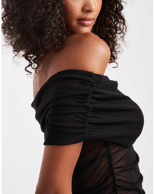 ASOS Black Semi Sheer Mesh Fold Over Ruched Off Shoulder Top