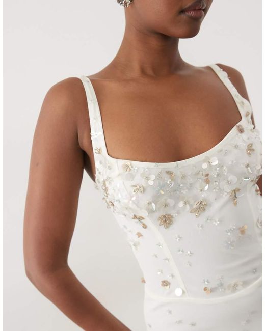 Oh Polly White Premium 3d Flower Sequin Embellished Lace Up Back Maxi Dress