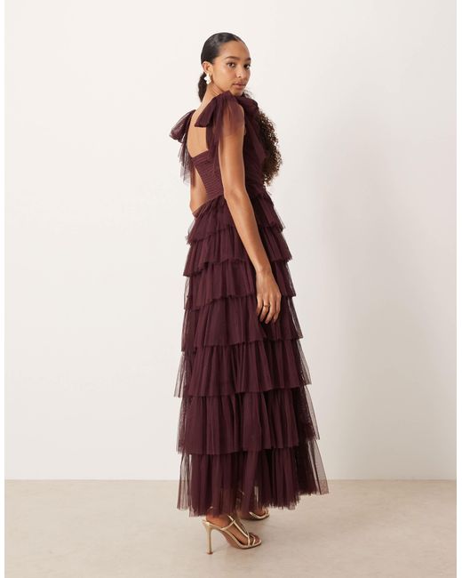 L'invitée - robe longue en tulle avec épaules nouées - prune LACE & BEADS en coloris Red