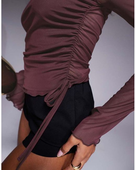 ASOS Purple Mesh Drawstring Slash Neck Top