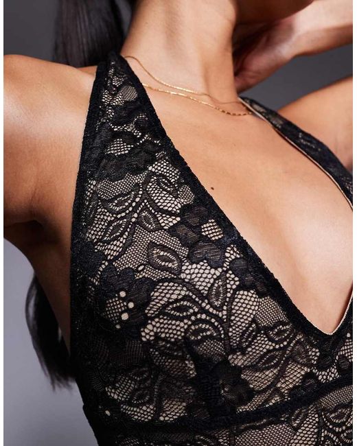 Princess Polly Black Sonella Floral Lace Plunge Halterneck Mini Dress