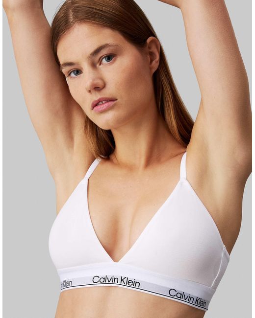 Calvin Klein White Modern Cotton Lightly Lined Triangle Logo Tape Bralette