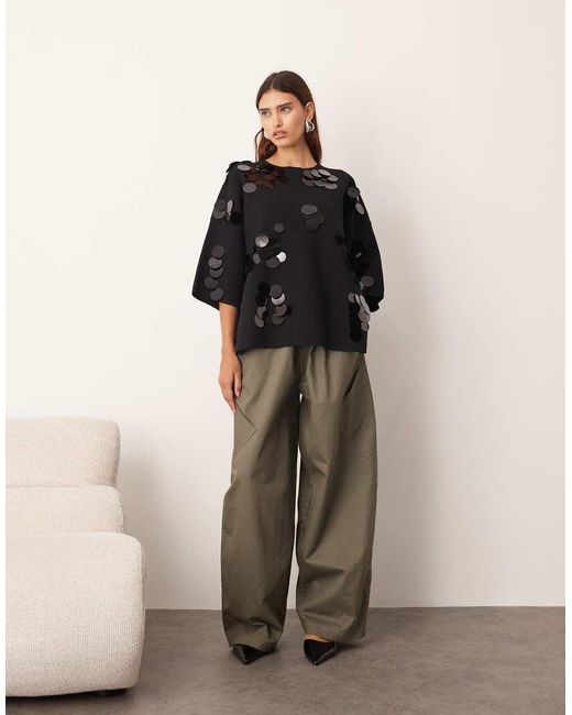ARRANGE Brown Compact Knit Disc Sequin Tee
