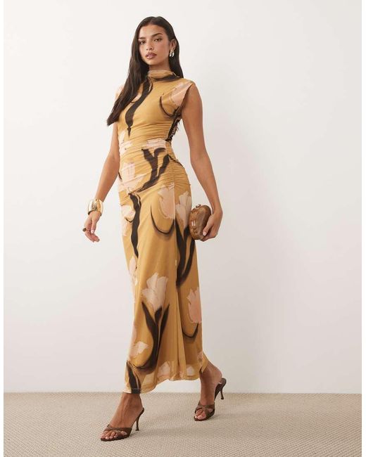 ASOS Natural Printed High Neck Detail Maxi Dress With Shoulder Pads