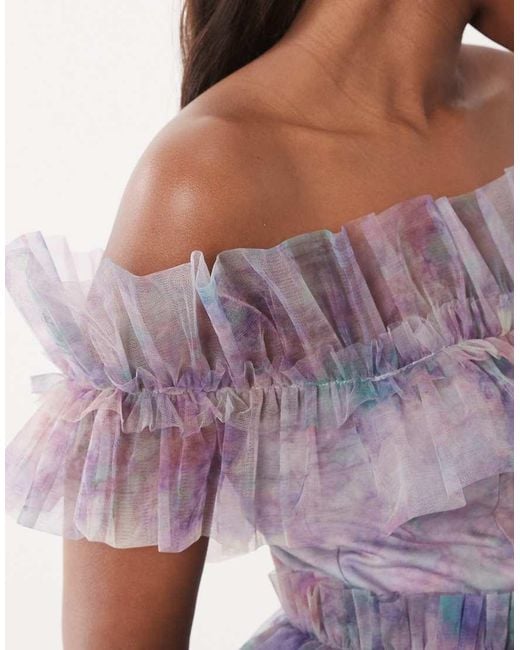 LACE & BEADS Purple Tulle Strapless Ruffle Detailing Mini Skater Dress