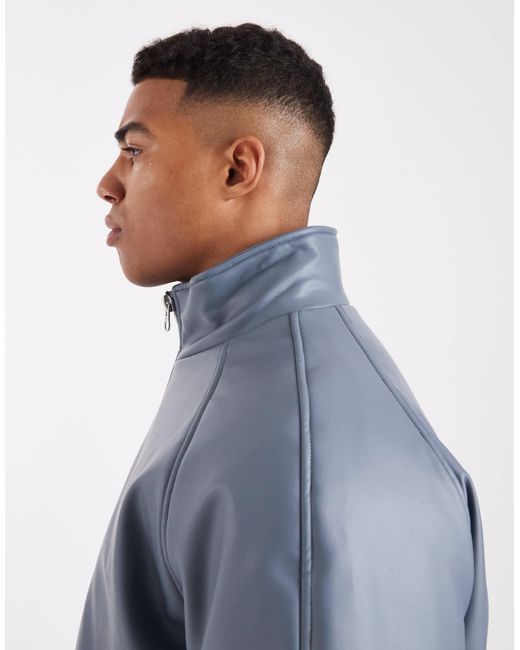 ASOS Blue Faux Leather Funnel Neck Bomber for men