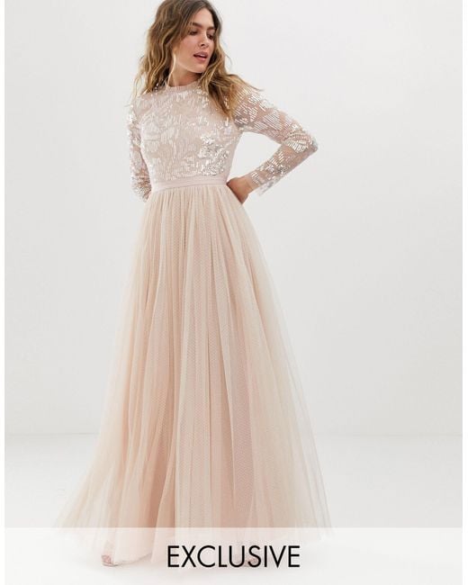 Needle & Thread Pink Embellished Long Sleeve Maxi Dress With Tulle Skirt