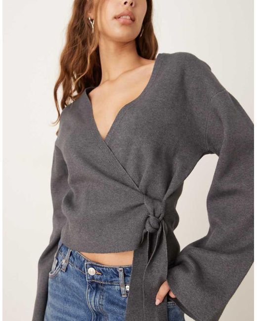 Gina Tricot Gray V Neck Knitted Wrap Cardigan With Wide Sleeves