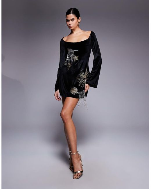 ASOS Black Super Scoop Long Sleeve Mini Dress With Aline Skirt And Celestial Embellishment