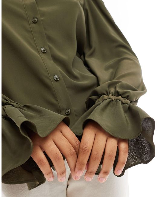 ASOS Green Volume Sleeved Soft Shirt With Ruffle Cuffs