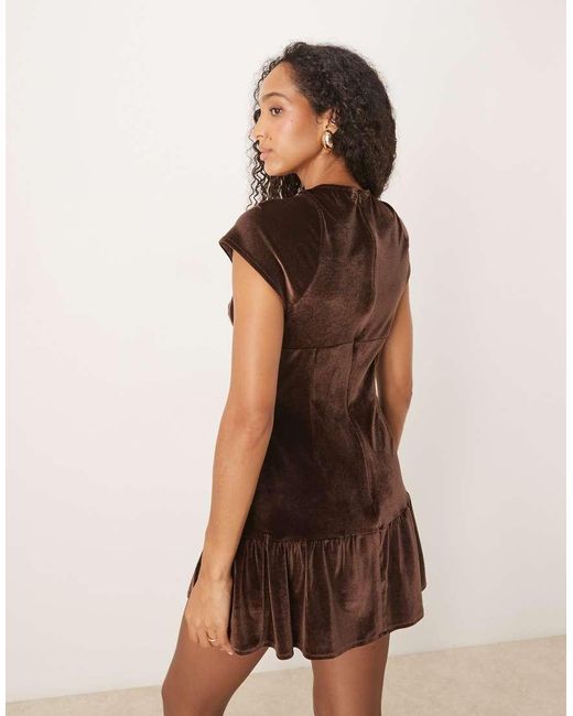 ASOS Brown Velvet Keyhole Drop Waist Mini Dress