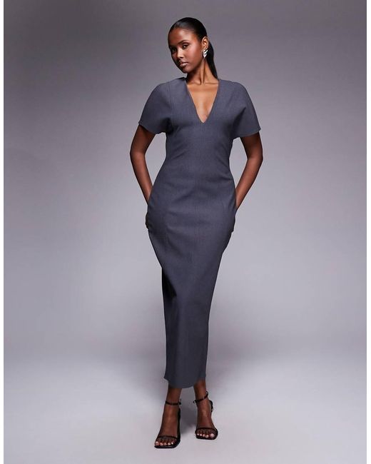ASOS Blue Structured Short Sleeve V Neck Seamed Midi Dress