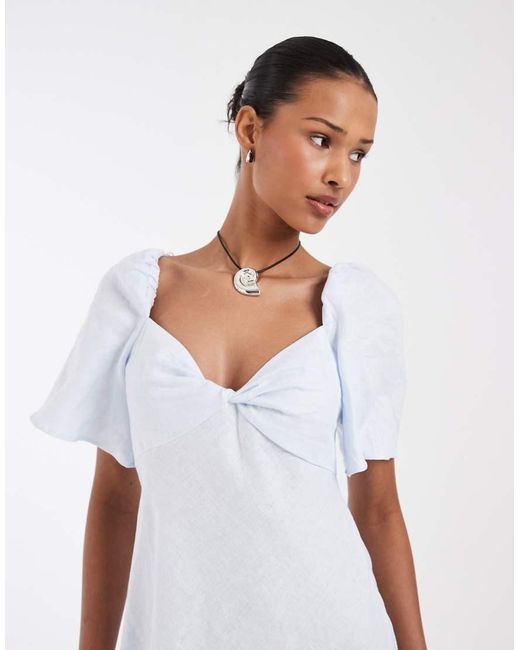 & Other Stories White Linen Puff Sleeve Midaxi Dress With Twist Sweetheart Neckline