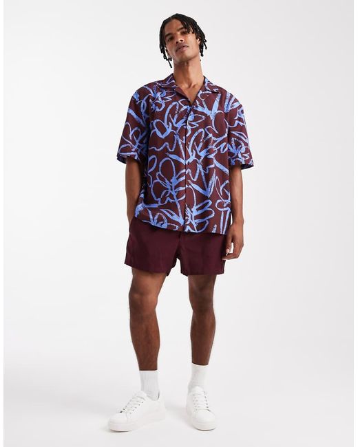 Camicia Con Rever Vestibilità Comoda Bordeaux A Fiori di ASOS in Blue da Uomo