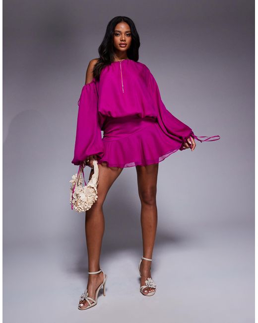 Aria Cove Pink Chiffon Wide Sleeve Ruffle Hem Mini Dress