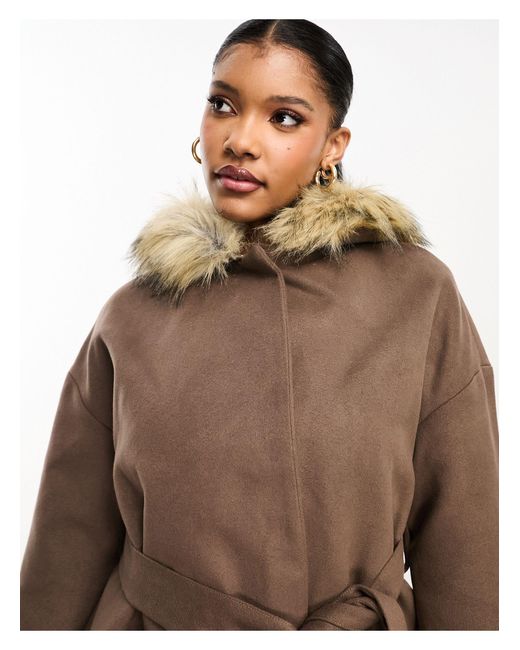 Callie - manteau court habillé avec ceinture et capuche bordée Threadbare en coloris Brown