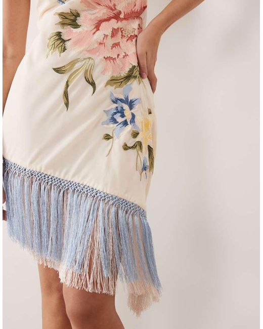 ASOS Natural Embroidery Mini Dress With Fringe Hem