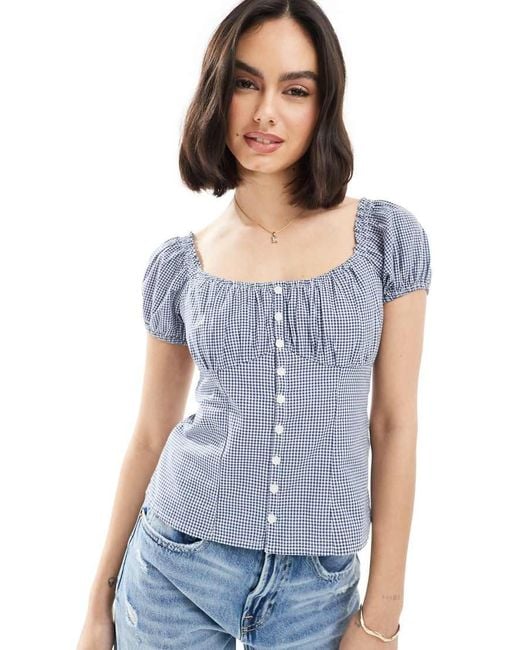 Hollister Blue Slim Button Through Puff Sleeve Top