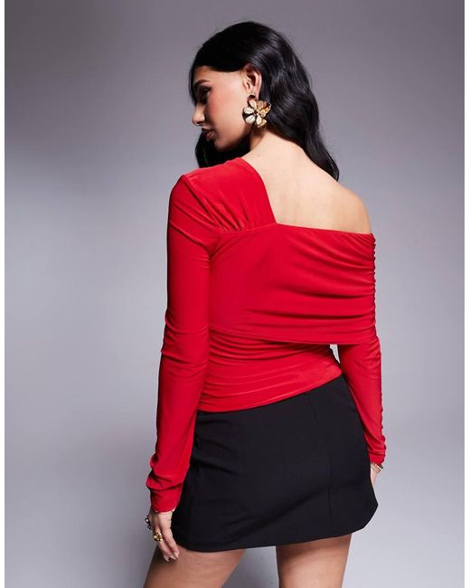 Fashionkilla Red Double Sculpted Slinky One Shoulder Fold Over Top