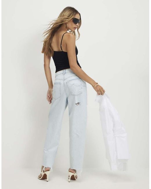 River Island Gray Ripped Raw Hem Barrel Leg Jeans