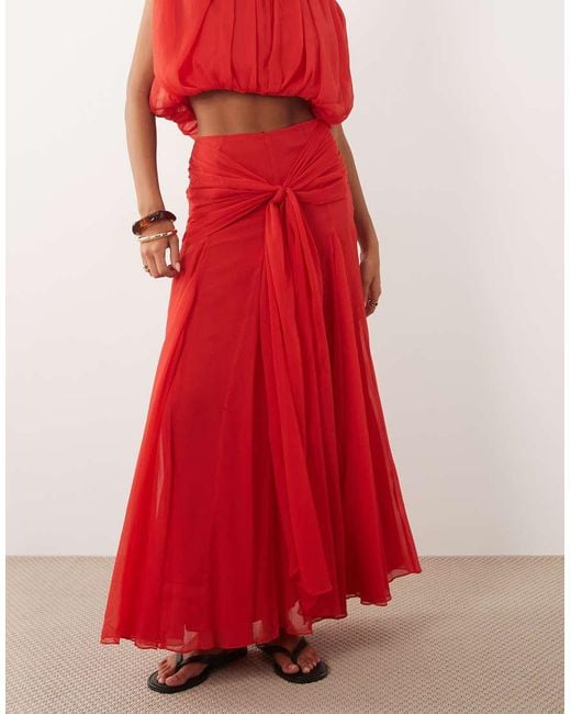 ASOS Red Chiffon Drape Detail Maxi Skirt