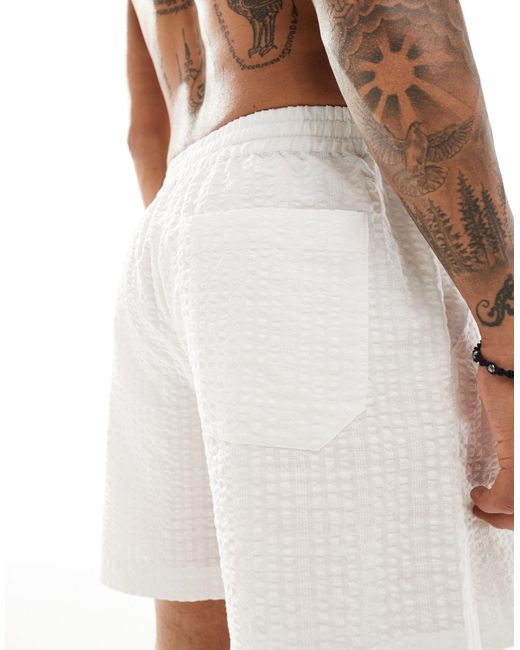 ASOS White Wide Seersucker Shorts With Elastic Waist for men