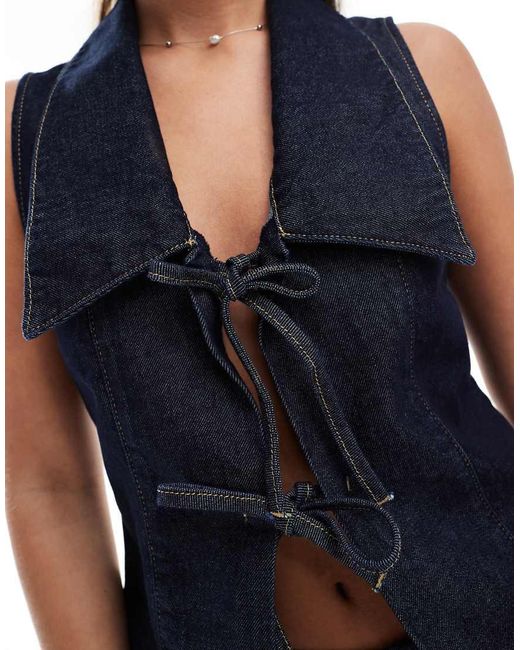 ASOS Blue Denim Sleeveless Collar Tie Front Top
