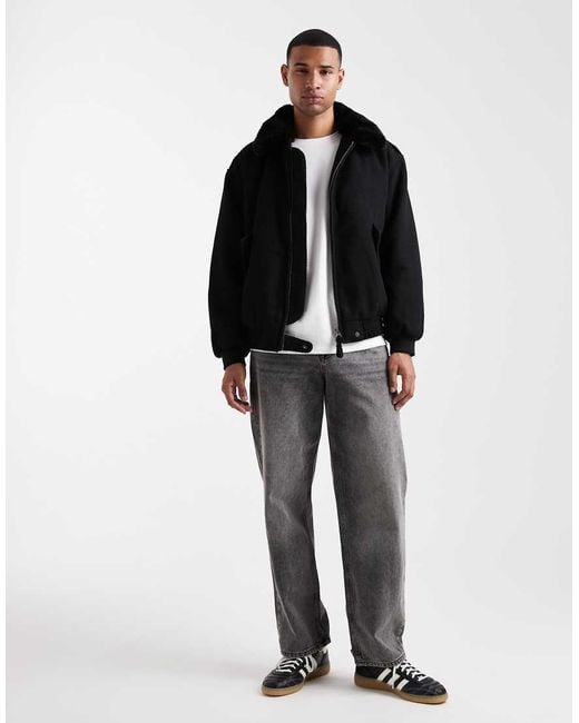 ASOS Black Wool Look Bomber Jacket With Faux Fur Collar for men