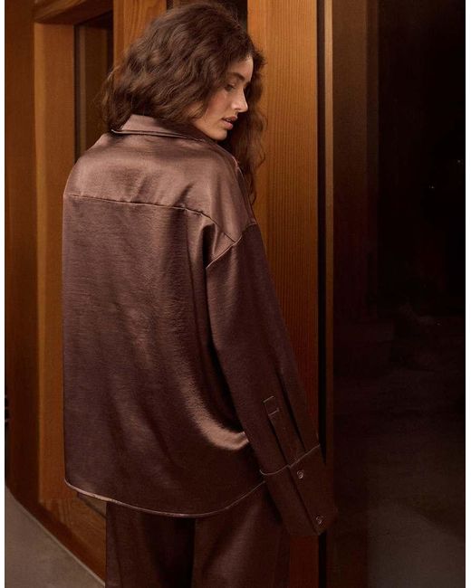 4th & Reckless Brown Satin Pocket Front Button Through Shirt Co-ord