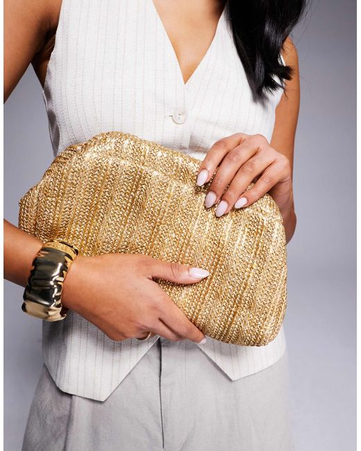 South Beach Metallic Straw Clutch Bag With Crossbody Chain Strap