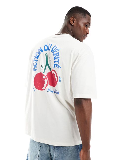 T-shirt oversize avec imprimé cerises au dos - beige ASOS pour homme en coloris White