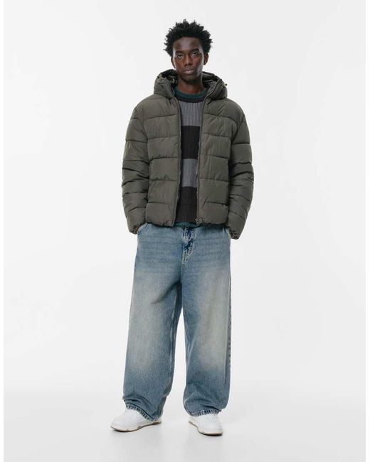 Pull&Bear Gray Lightweight Hooded Puffer Jacket for men