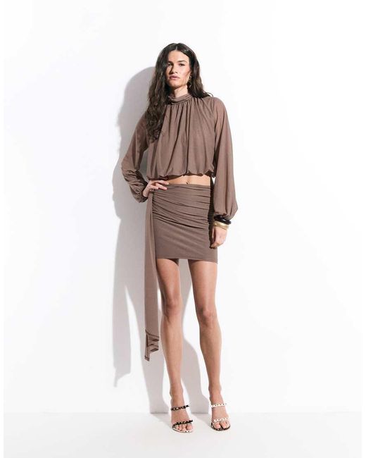 ASOS Brown Co-Ord Semi Sheer Mesh High Neck Long Sleeve Top With Bubble Hem