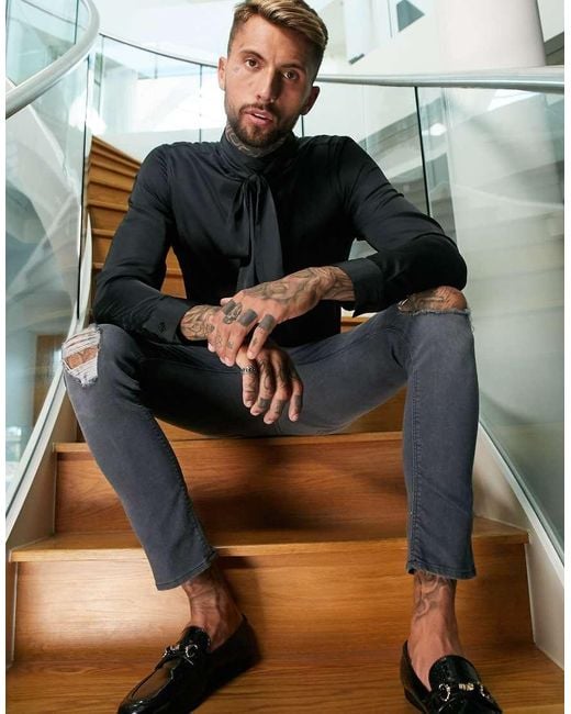 ASOS Black Regular-fit Satin Shirt With Pussy-bow Neck Tie for men