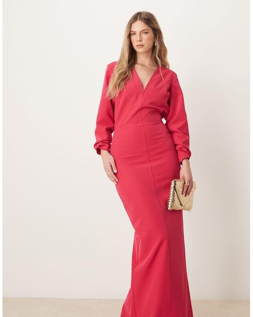 Pretty Lavish Red Long Sleeve Plunge Maxi Dress