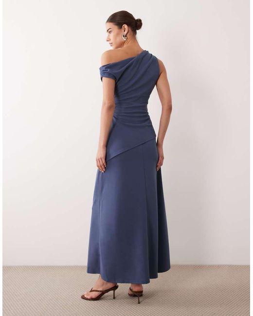 ASOS Blue Crepe Fallen Shoulder Maxi Dress With Ruched Skirt Detail