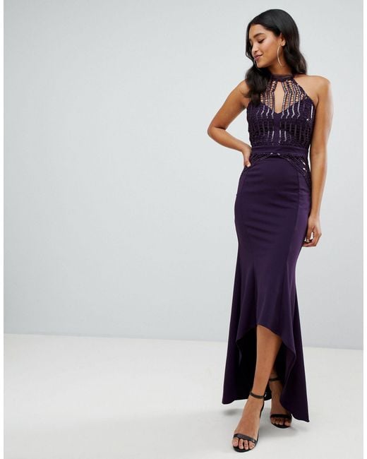 Lipsy Purple Scallop Front Sequin Maxi Dress With Asymmetric Hem
